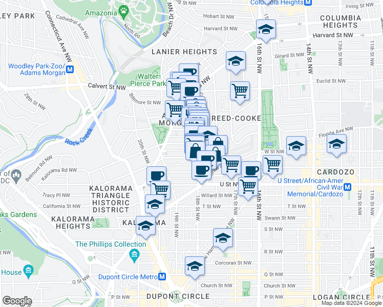 map of restaurants, bars, coffee shops, grocery stores, and more near 1811 Wyoming Avenue Northwest in Washington