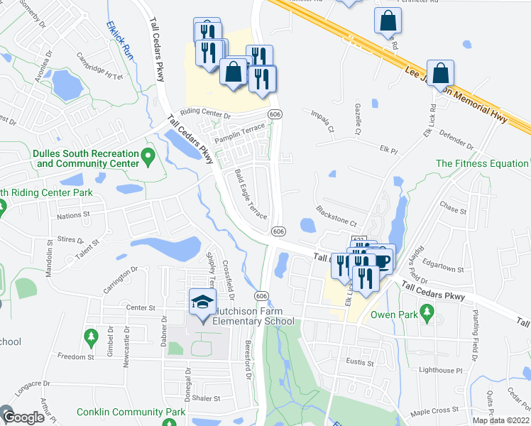 map of restaurants, bars, coffee shops, grocery stores, and more near 25256 Bald Eagle Terrace in Chantilly