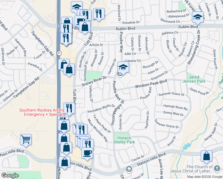 map of restaurants, bars, coffee shops, grocery stores, and more near 6083 Miramont Street in Colorado Springs