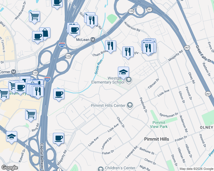 map of restaurants, bars, coffee shops, grocery stores, and more near 7680 Tremayne Place in McLean