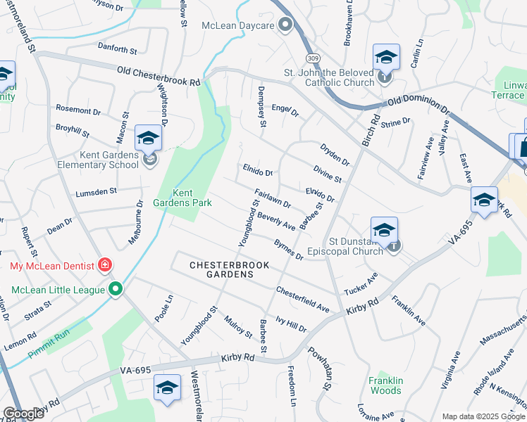 map of restaurants, bars, coffee shops, grocery stores, and more near 6528 Beverly Avenue in McLean