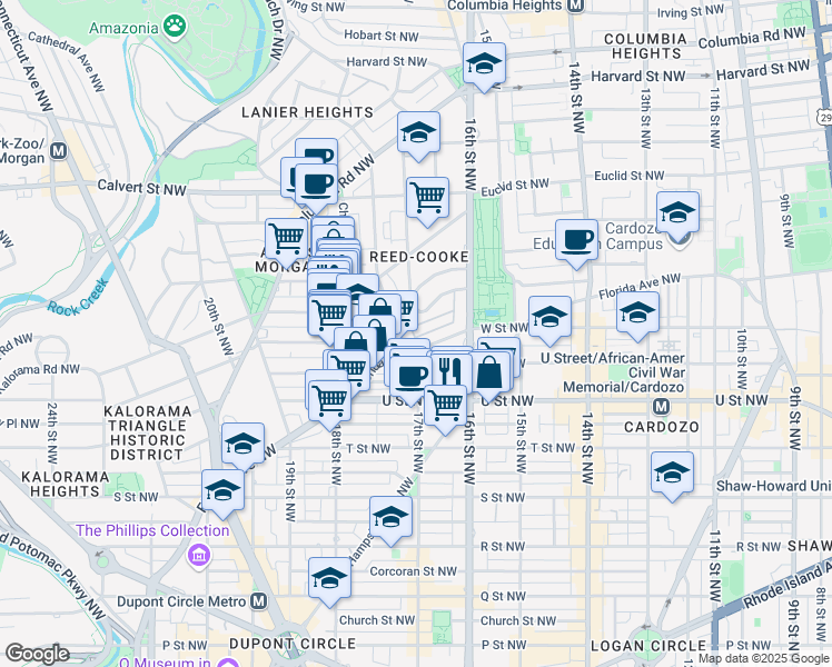 map of restaurants, bars, coffee shops, grocery stores, and more near 1656 Beekman Place Northwest in Washington