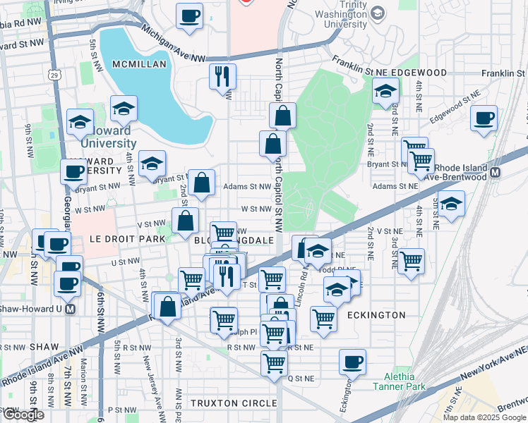 map of restaurants, bars, coffee shops, grocery stores, and more near 30 W Street Northwest in Washington