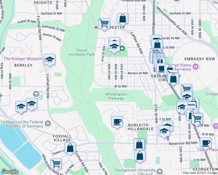 map of restaurants, bars, coffee shops, grocery stores, and more near 4100 W Street Northwest in Washington