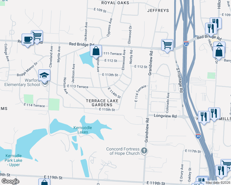 map of restaurants, bars, coffee shops, grocery stores, and more near 4604 East 114th Street in Kansas City