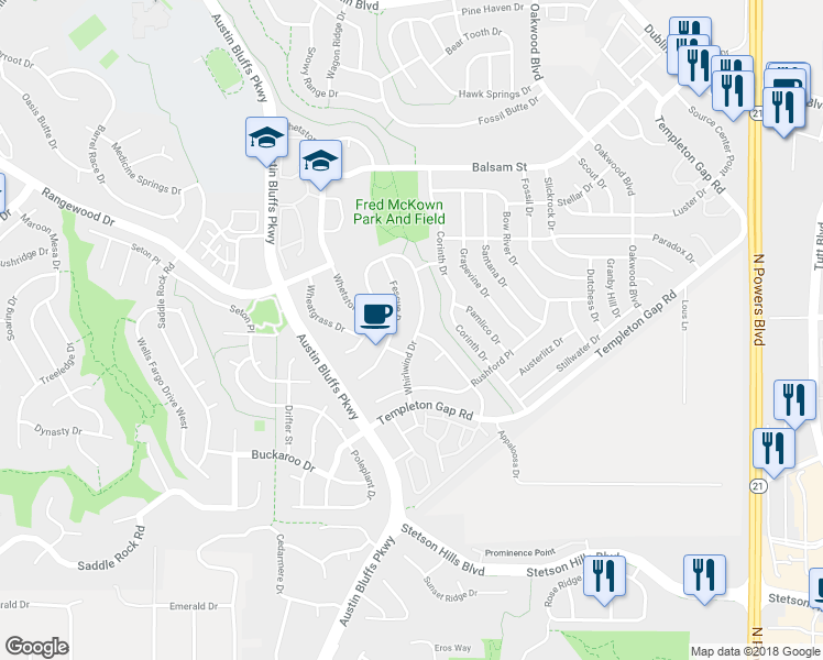map of restaurants, bars, coffee shops, grocery stores, and more near 6050 Whirlwind Drive in Colorado Springs