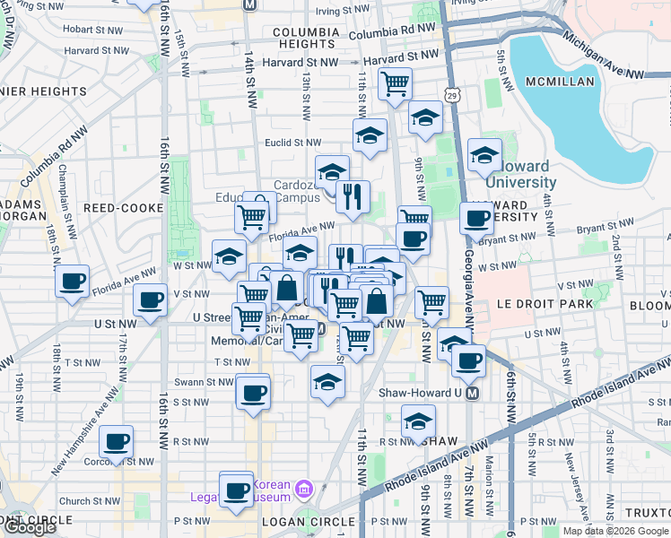 map of restaurants, bars, coffee shops, grocery stores, and more near 2134 12th Street Northwest in Washington