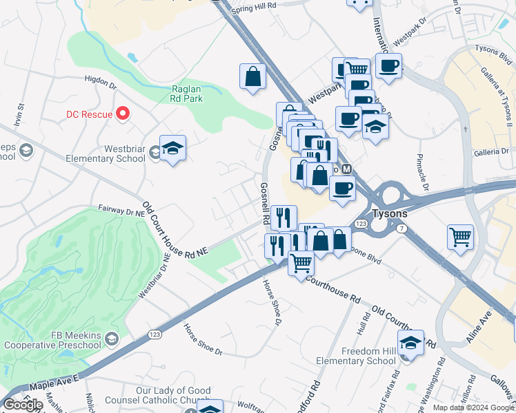 map of restaurants, bars, coffee shops, grocery stores, and more near 1807 Dawson Street in Vienna