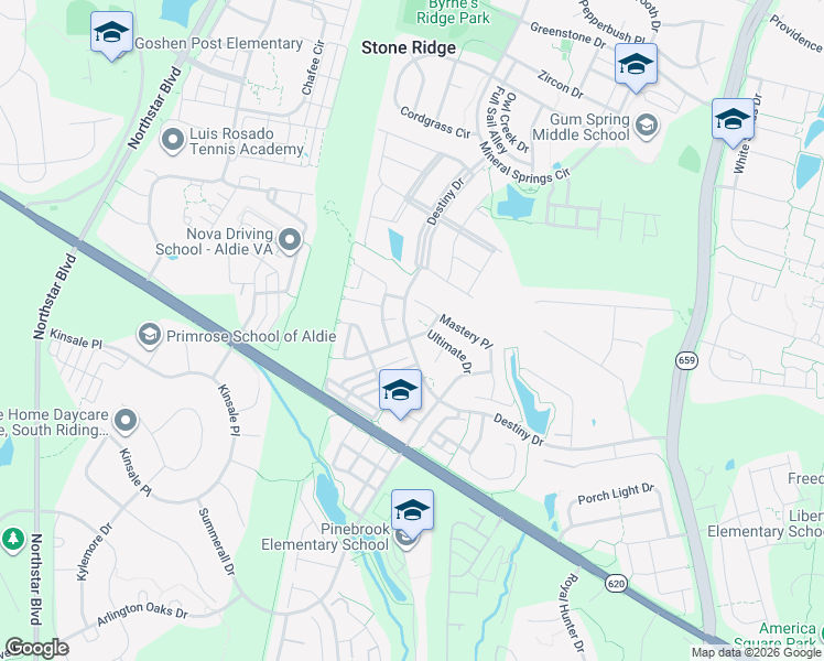 map of restaurants, bars, coffee shops, grocery stores, and more near 25265 Opportunity Drive in Aldie
