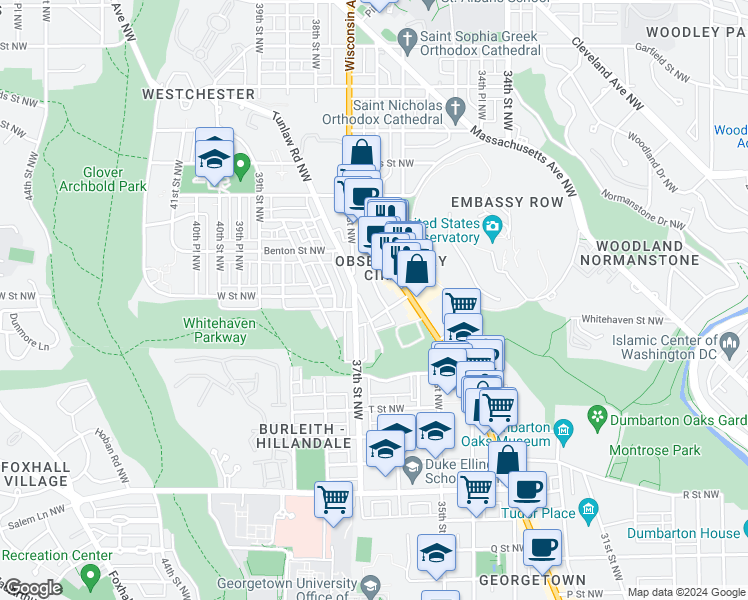 map of restaurants, bars, coffee shops, grocery stores, and more near 2214 Hall Place Northwest in Washington