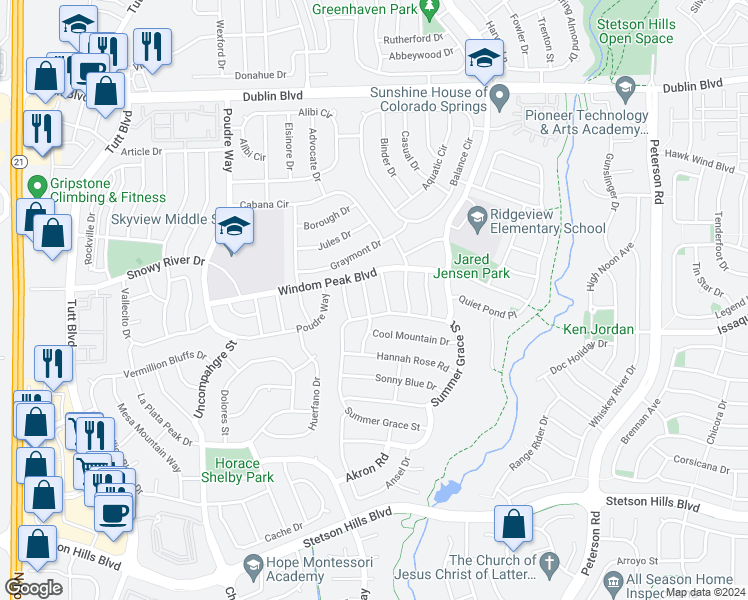 map of restaurants, bars, coffee shops, grocery stores, and more near 6433 Crystal Mountain Road in Colorado Springs