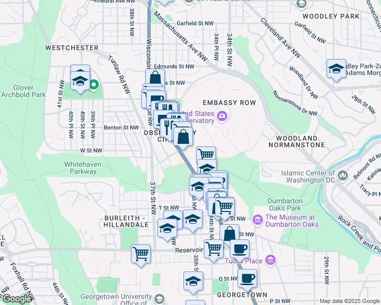map of restaurants, bars, coffee shops, grocery stores, and more near 2139 Wisconsin Avenue Northwest in Washington