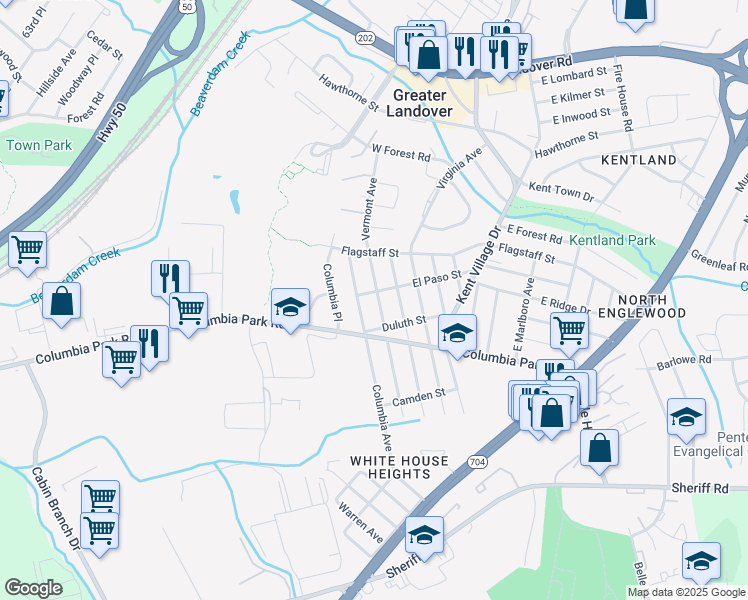 map of restaurants, bars, coffee shops, grocery stores, and more near 2112 Vermont Avenue in Greater Landover