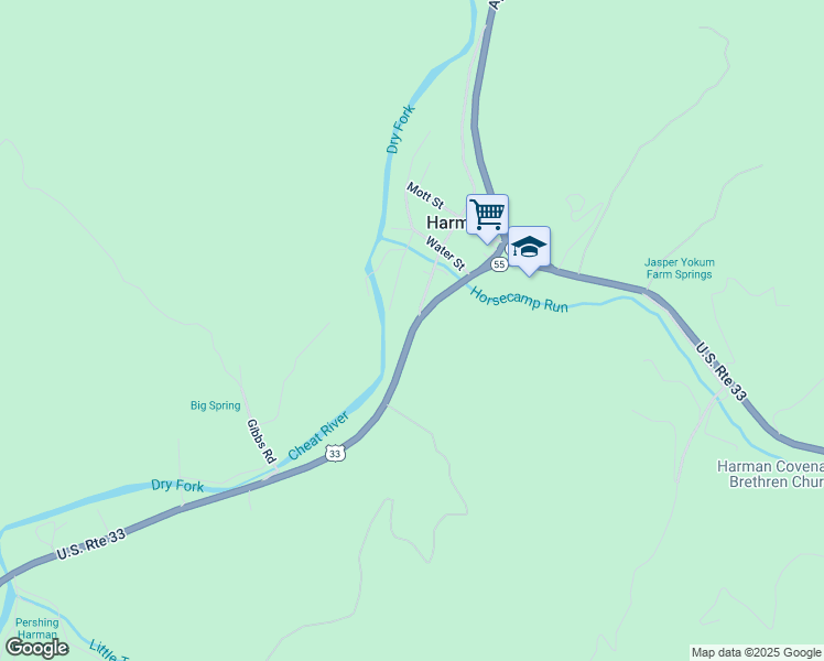 map of restaurants, bars, coffee shops, grocery stores, and more near West Virginia 55 in Harman