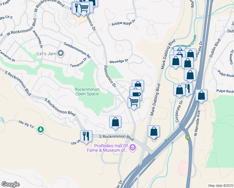 map of restaurants, bars, coffee shops, grocery stores, and more near 72 Saddlemountain Road in Colorado Springs