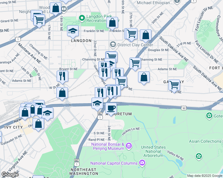 map of restaurants, bars, coffee shops, grocery stores, and more near 2000 Bladensburg Road Northeast in Washington