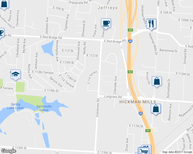 map of restaurants, bars, coffee shops, grocery stores, and more near 11322 Grandview Road in Kansas City