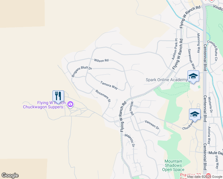 map of restaurants, bars, coffee shops, grocery stores, and more near 2585 Tamora Way in Colorado Springs