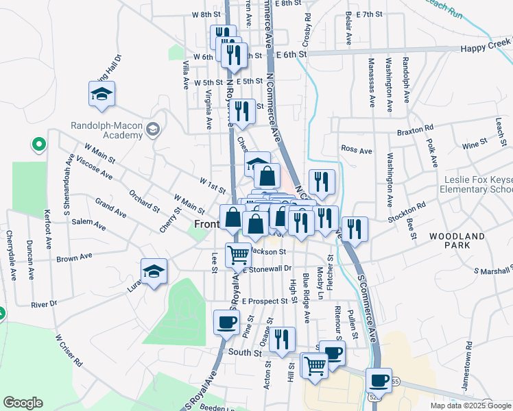map of restaurants, bars, coffee shops, grocery stores, and more near 37 Crescent Street in Front Royal