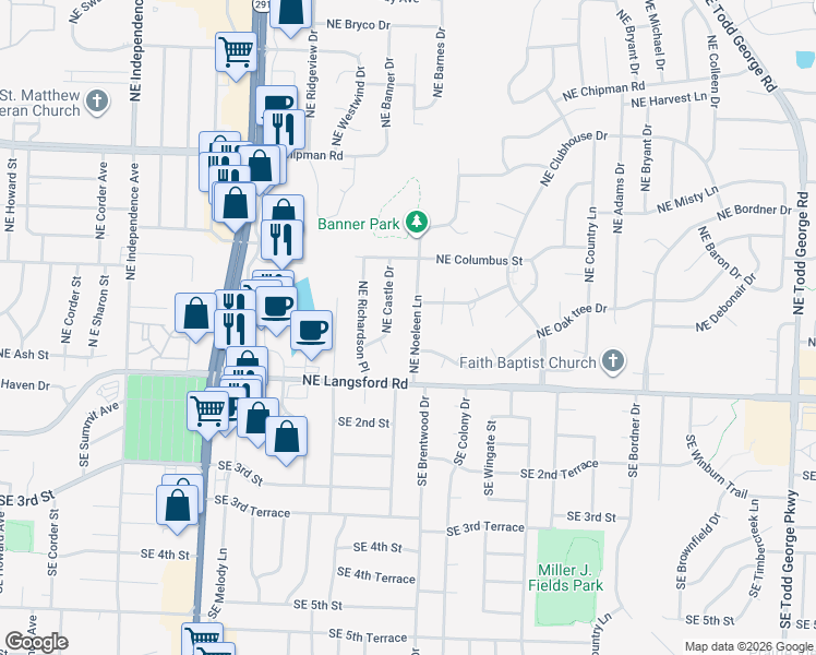map of restaurants, bars, coffee shops, grocery stores, and more near 402 Northeast Noeleen Lane in Lee's Summit