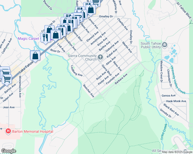 map of restaurants, bars, coffee shops, grocery stores, and more near 1206 Stockton Avenue in South Lake Tahoe
