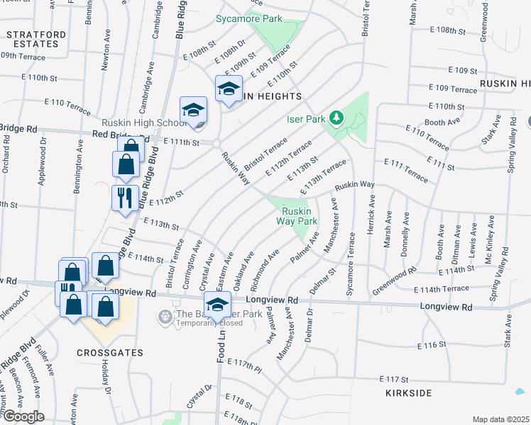 map of restaurants, bars, coffee shops, grocery stores, and more near 11204 Eastern Avenue in Kansas City