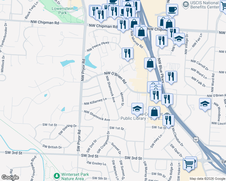 map of restaurants, bars, coffee shops, grocery stores, and more near 307 Northwest Shamrock Avenue in Lee's Summit