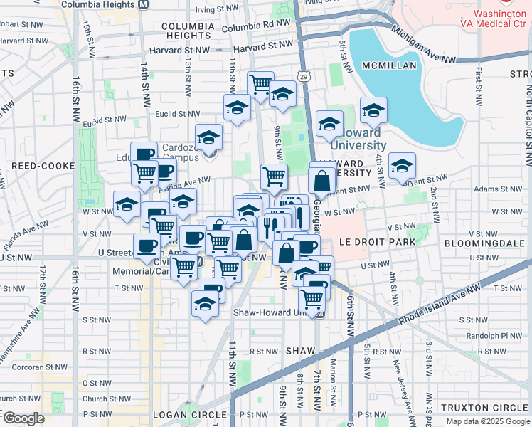 map of restaurants, bars, coffee shops, grocery stores, and more near 940 Florida Avenue Northwest in Washington