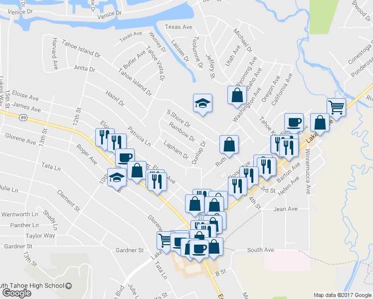 map of restaurants, bars, coffee shops, grocery stores, and more near 916 Secret Harbor Drive in South Lake Tahoe