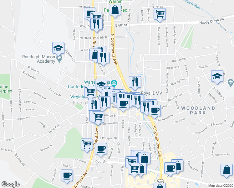map of restaurants, bars, coffee shops, grocery stores, and more near 43 Chester Street in Front Royal