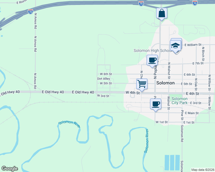 map of restaurants, bars, coffee shops, grocery stores, and more near 105 North Maple Street in Solomon