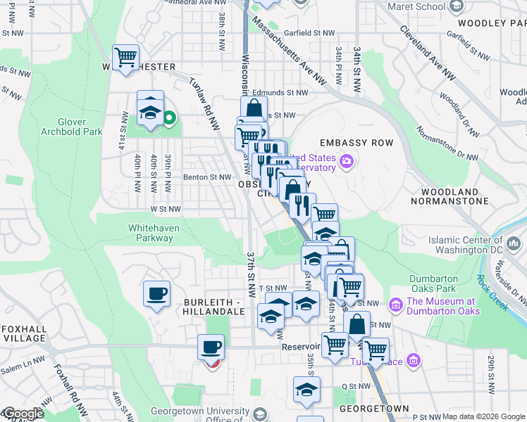 map of restaurants, bars, coffee shops, grocery stores, and more near 2214 Hall Place Northwest in Washington