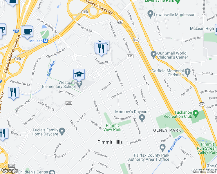 map of restaurants, bars, coffee shops, grocery stores, and more near 7429 Tillman Drive in Falls Church