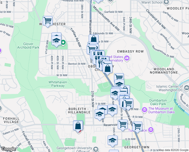 map of restaurants, bars, coffee shops, grocery stores, and more near 2123 Tunlaw Road Northwest in Washington