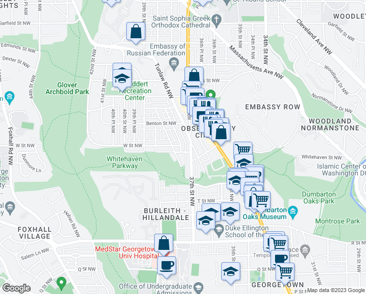 map of restaurants, bars, coffee shops, grocery stores, and more near 2127 Observatory Place Northwest in Washington