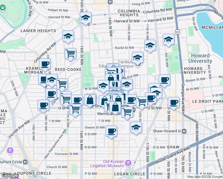 map of restaurants, bars, coffee shops, grocery stores, and more near 1400 W Street Northwest in Washington