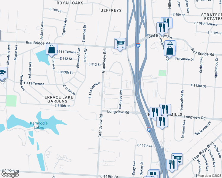map of restaurants, bars, coffee shops, grocery stores, and more near 11315 Grandview Road in Kansas City