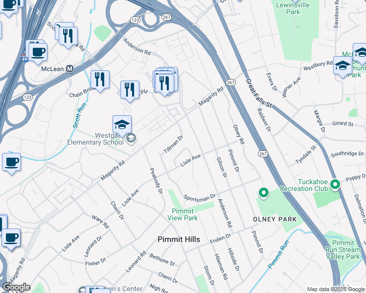 map of restaurants, bars, coffee shops, grocery stores, and more near 1815 Olmstead Drive in Falls Church
