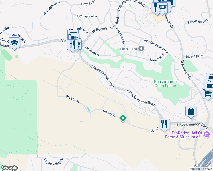 map of restaurants, bars, coffee shops, grocery stores, and more near 555 South Rockrimmon Boulevard in Colorado Springs