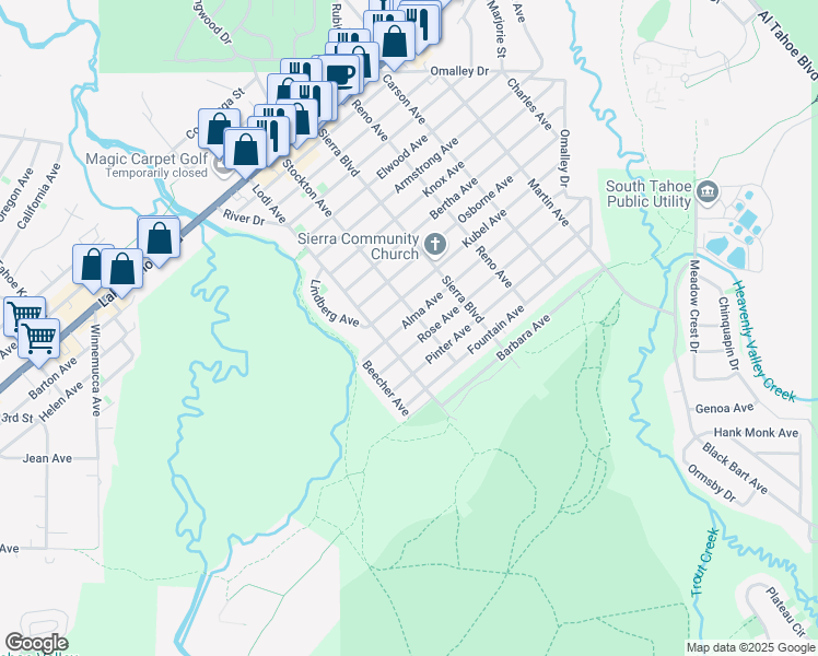 map of restaurants, bars, coffee shops, grocery stores, and more near 1206 Stockton Avenue in South Lake Tahoe