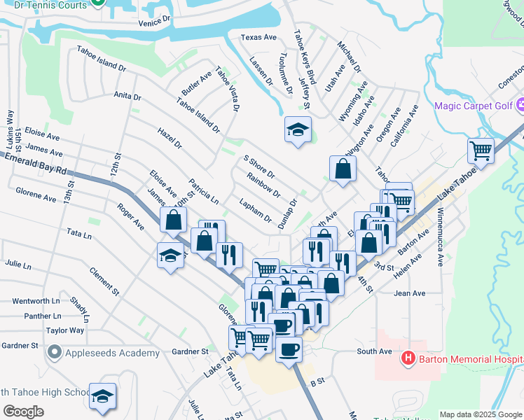 map of restaurants, bars, coffee shops, grocery stores, and more near 898 Lapham Drive in South Lake Tahoe