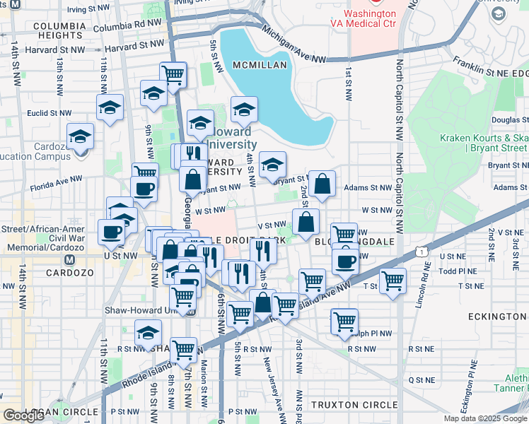 map of restaurants, bars, coffee shops, grocery stores, and more near 101 Independence Avenue Southeast in Washington