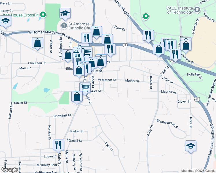 map of restaurants, bars, coffee shops, grocery stores, and more near 212A Mounier Street in Alton