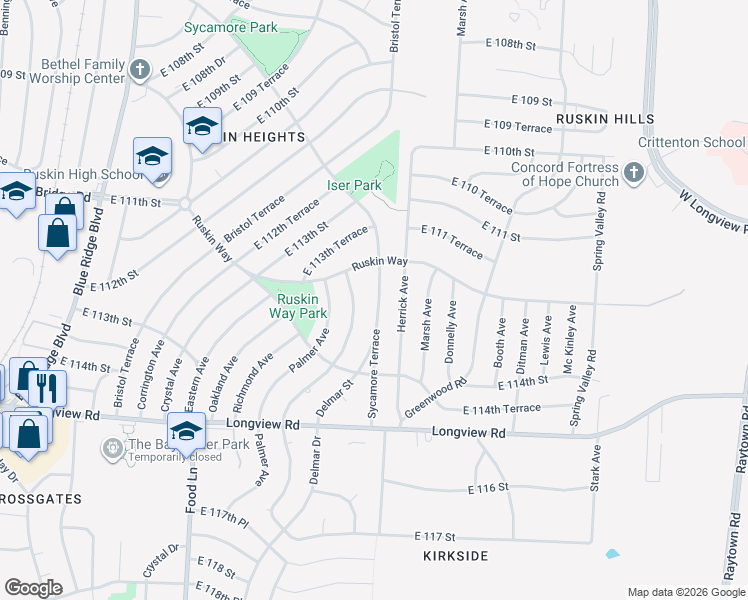 map of restaurants, bars, coffee shops, grocery stores, and more near 11343 Sycamore Terrace in Kansas City