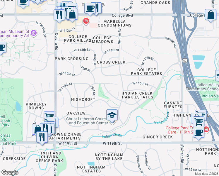 map of restaurants, bars, coffee shops, grocery stores, and more near 11240 West 116th Terrace in Overland Park