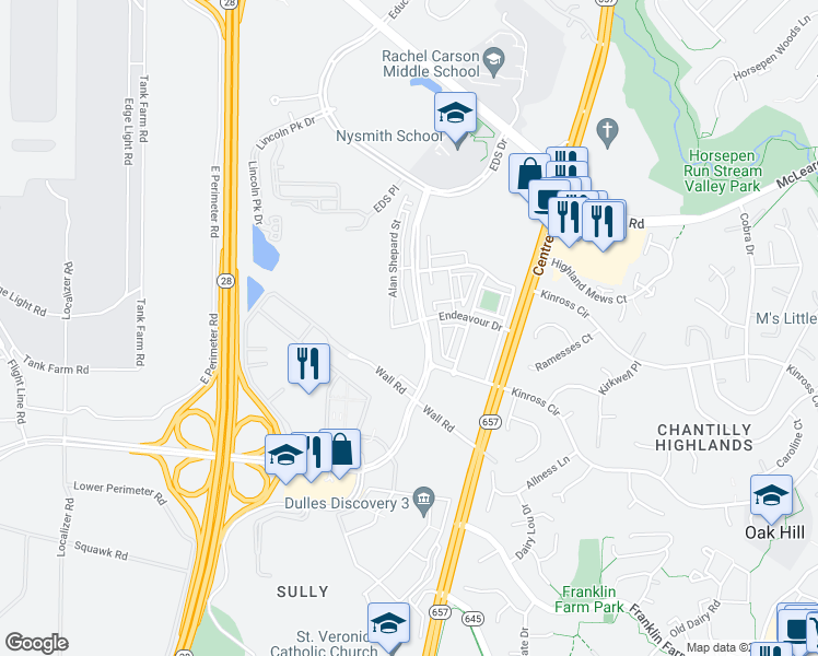 map of restaurants, bars, coffee shops, grocery stores, and more near 13951 Endeavour Drive in Herndon