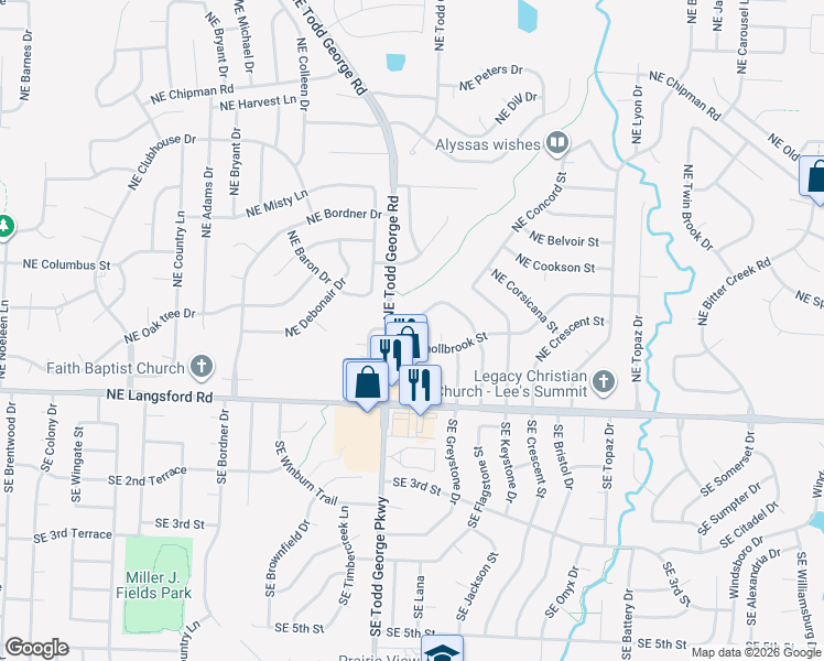 map of restaurants, bars, coffee shops, grocery stores, and more near 522 Northeast Churchill Street in Lee's Summit