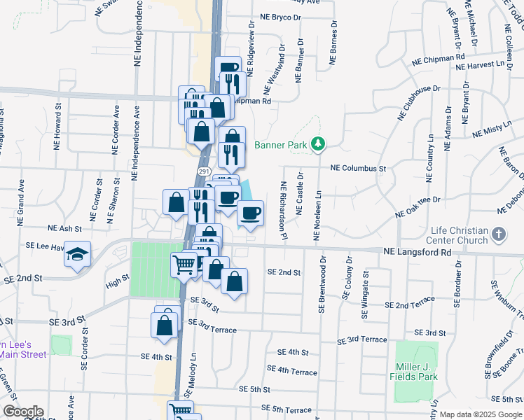 map of restaurants, bars, coffee shops, grocery stores, and more near 304 Northeast Westwind Drive in Lee's Summit