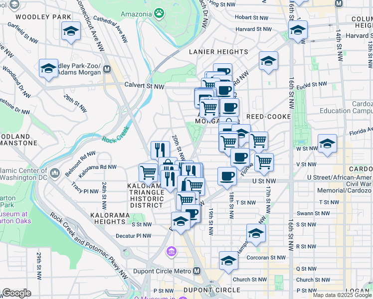 map of restaurants, bars, coffee shops, grocery stores, and more near 1910 Kalorama Road Northwest in Washington