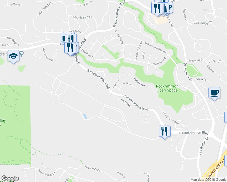 map of restaurants, bars, coffee shops, grocery stores, and more near 6015 Fence Post Drive in Colorado Springs